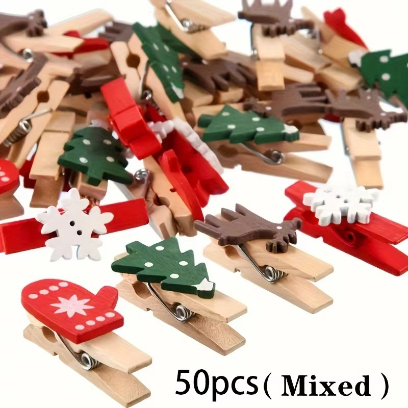 50pcs Mini Wooden Christmas Clips Christmas Tree Photo Clips Hanging Decoration Elk Gloves Snowflake Clothespins Xmas Supplies