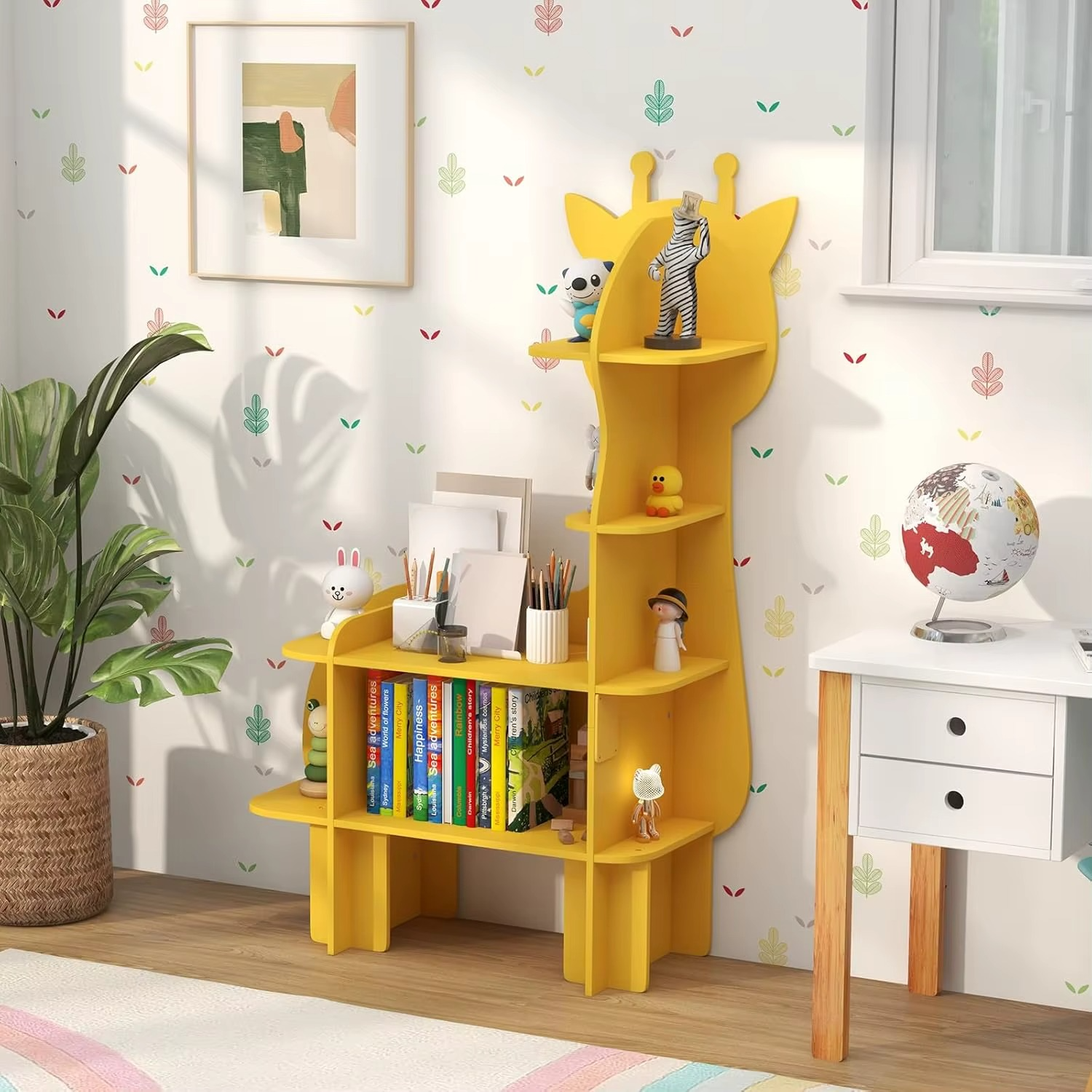JOY Bookcase for Kids, 4-Tier Toy Storage Organizer with Open Storage Shelves, Anti-Toppling System, Lovely Toddler Wooden Books