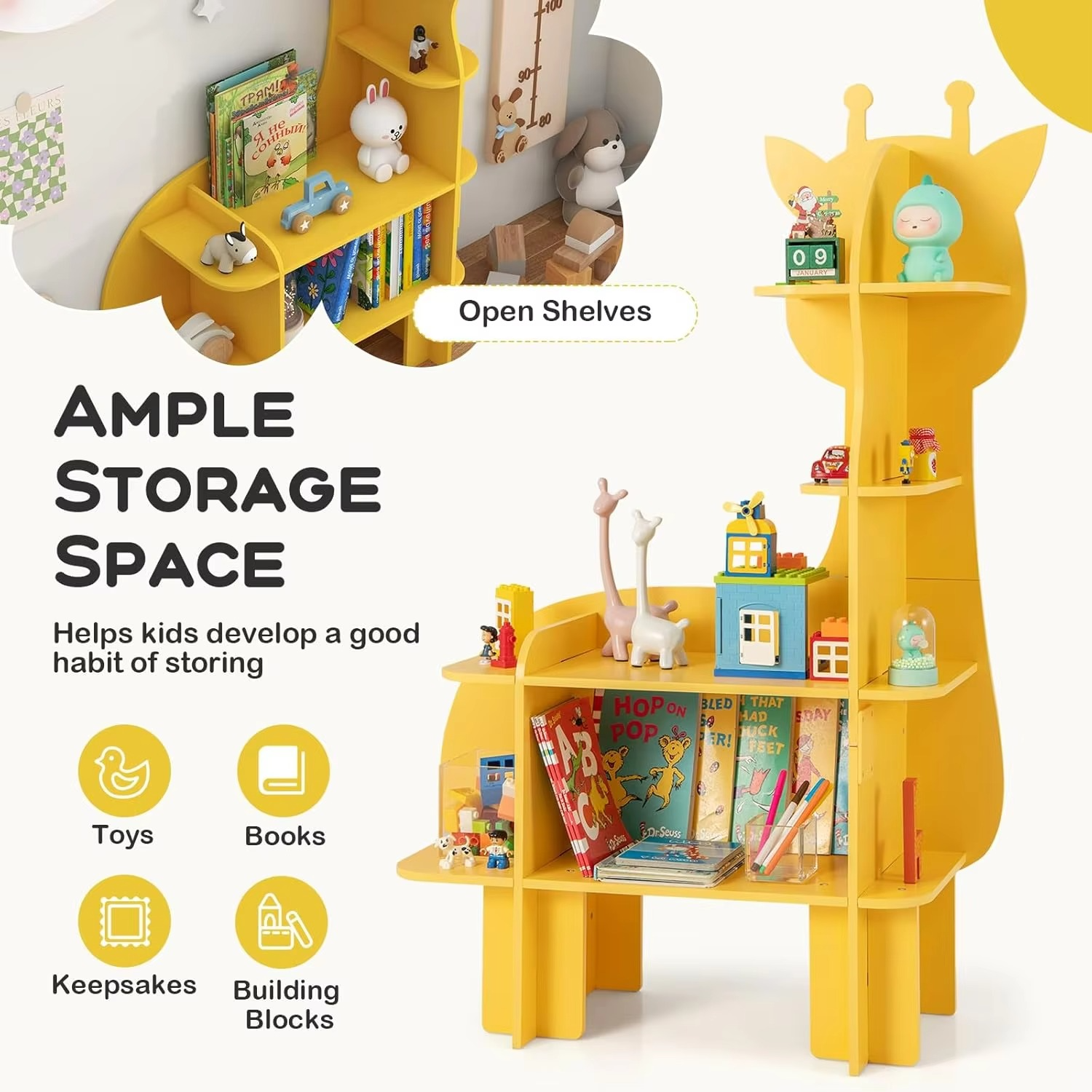 JOY Bookcase for Kids, 4-Tier Toy Storage Organizer with Open Storage Shelves, Anti-Toppling System, Lovely Toddler Wooden Books