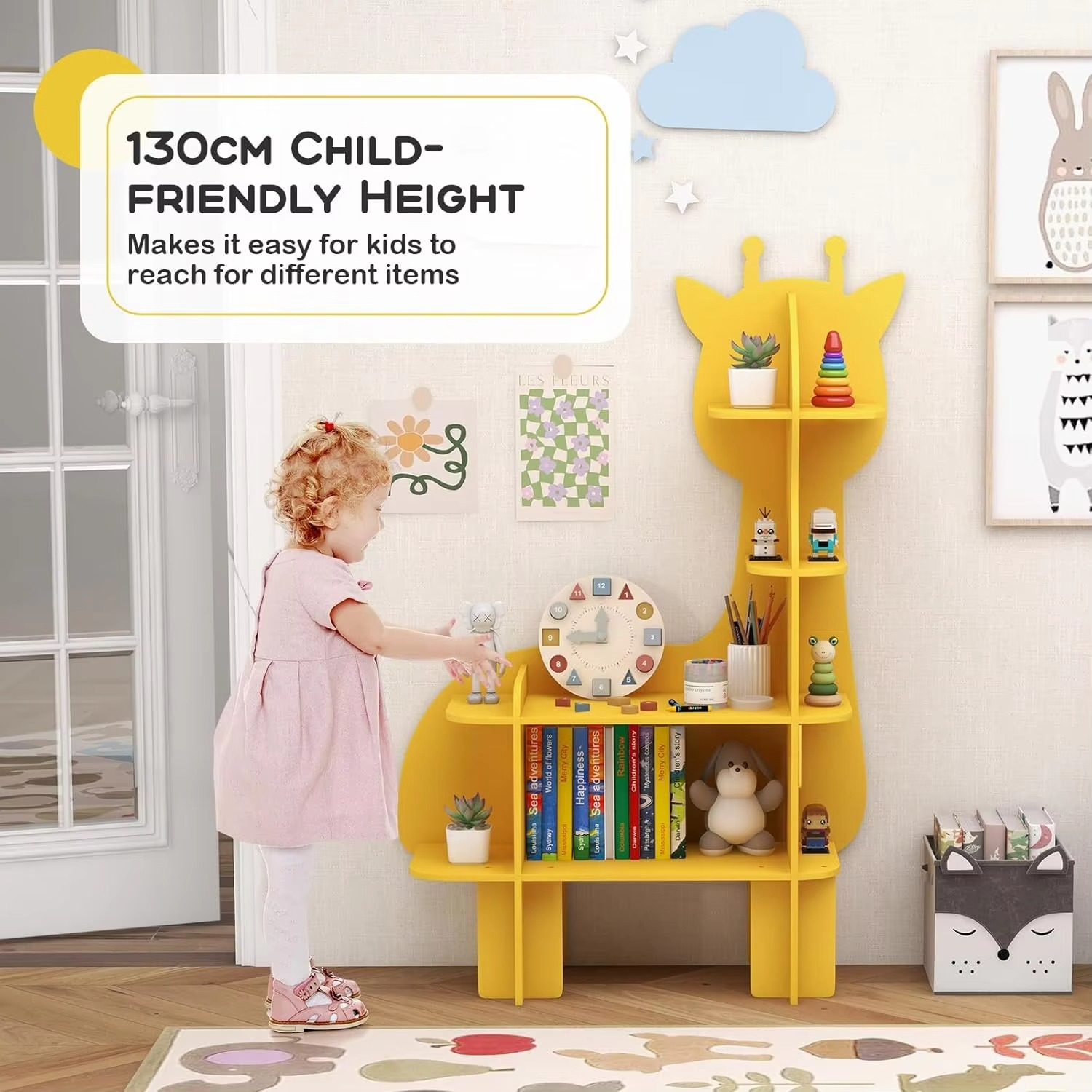 JOY Bookcase for Kids, 4-Tier Toy Storage Organizer with Open Storage Shelves, Anti-Toppling System, Lovely Toddler Wooden Books
