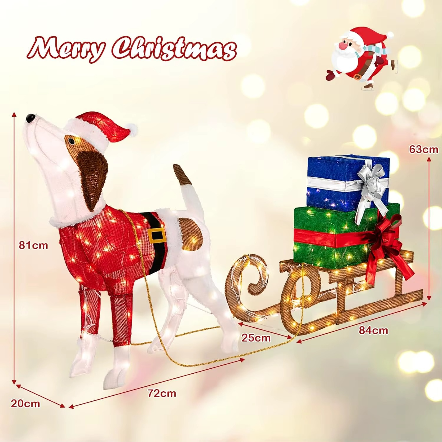 Christmas Decorations, 170 Warm Bright Lights Outdoor Pre-lit Xmas Dog & Sleigh & Gift Boxes Combo, Festive Christmas Decoration