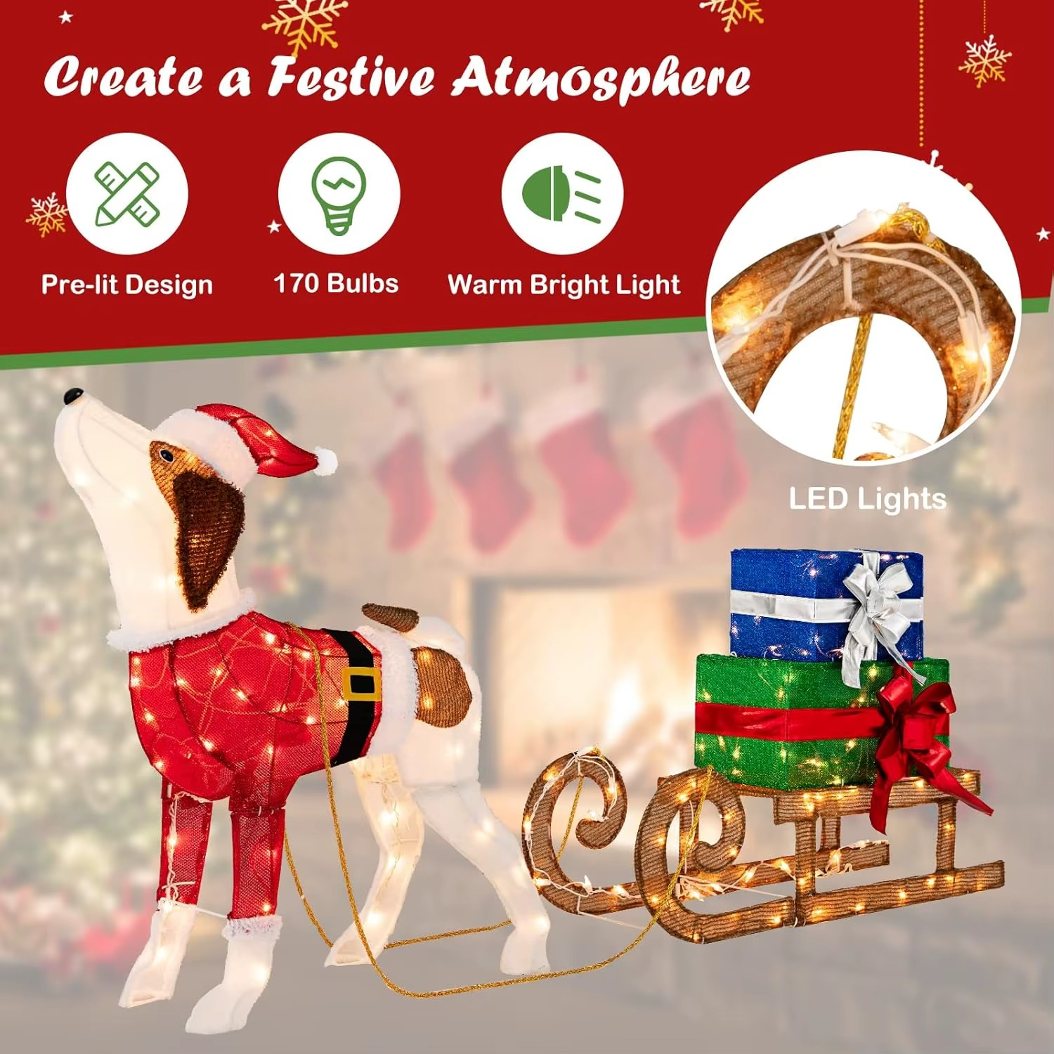 Christmas Decorations, 170 Warm Bright Lights Outdoor Pre-lit Xmas Dog & Sleigh & Gift Boxes Combo, Festive Christmas Decoration