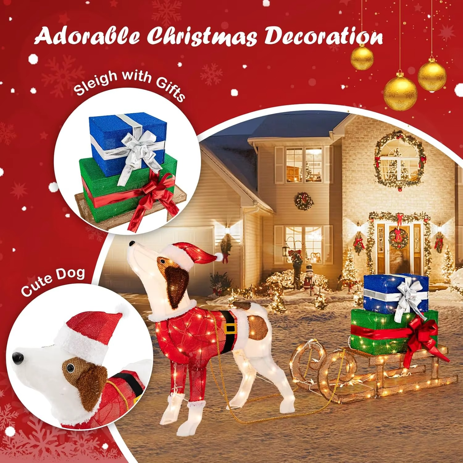 Christmas Decorations, 170 Warm Bright Lights Outdoor Pre-lit Xmas Dog & Sleigh & Gift Boxes Combo, Festive Christmas Decoration