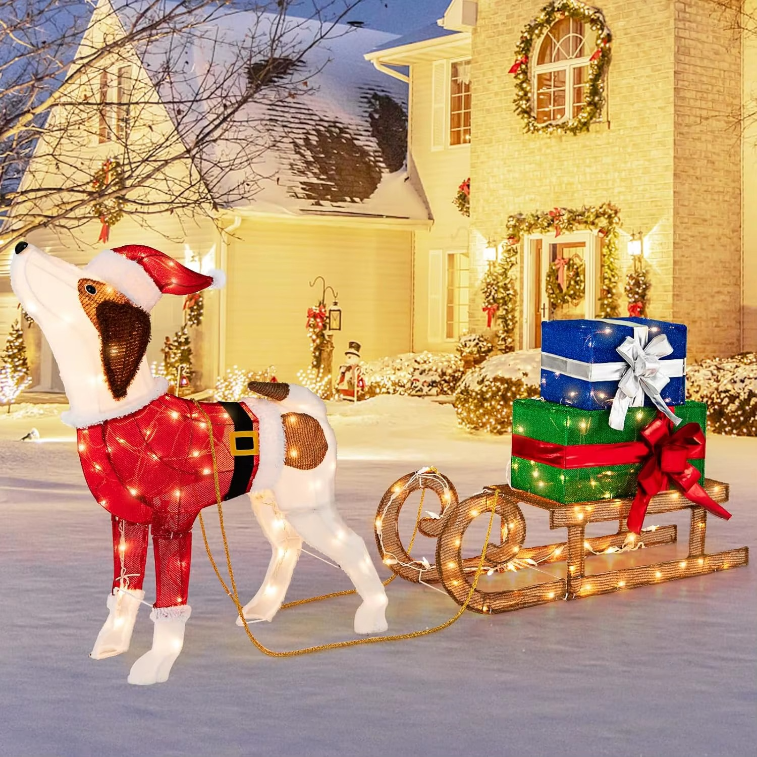 Christmas Decorations, 170 Warm Bright Lights Outdoor Pre-lit Xmas Dog & Sleigh & Gift Boxes Combo, Festive Christmas Decoration