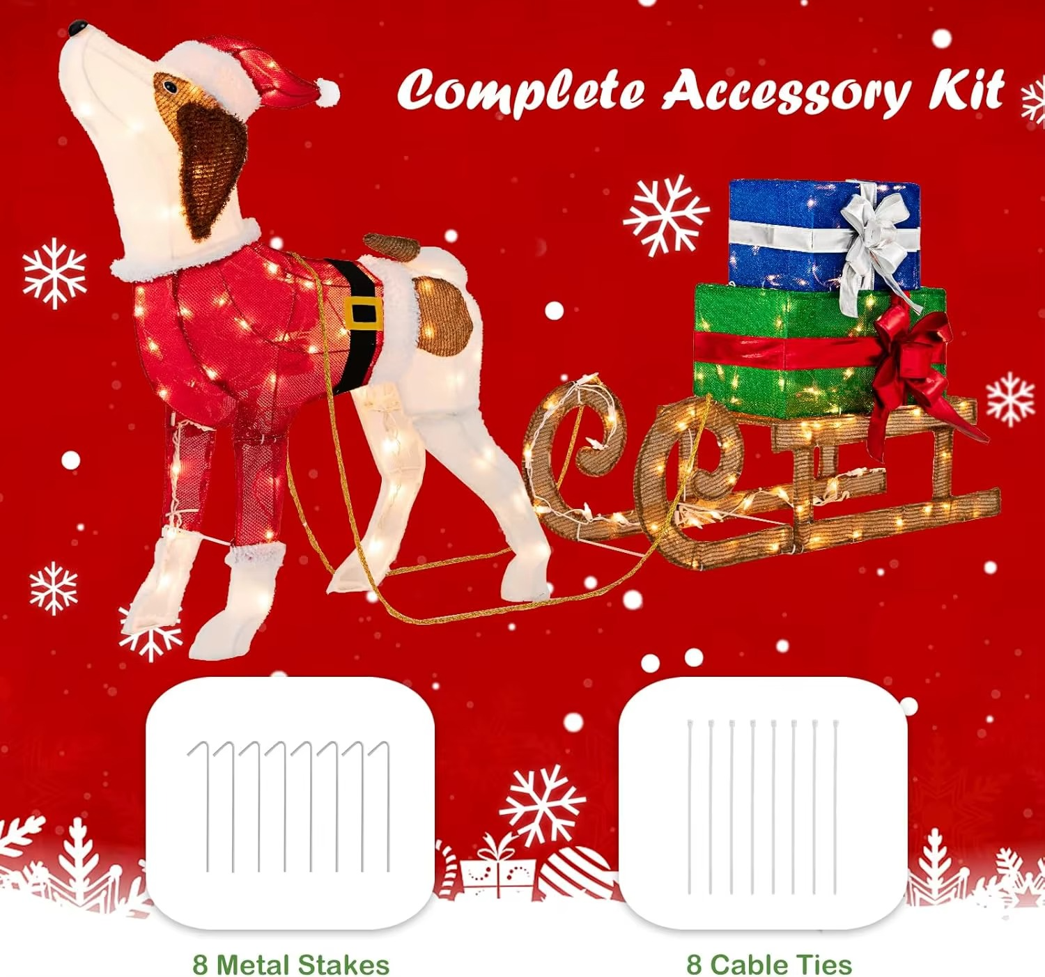Christmas Decorations, 170 Warm Bright Lights Outdoor Pre-lit Xmas Dog & Sleigh & Gift Boxes Combo, Festive Christmas Decoration
