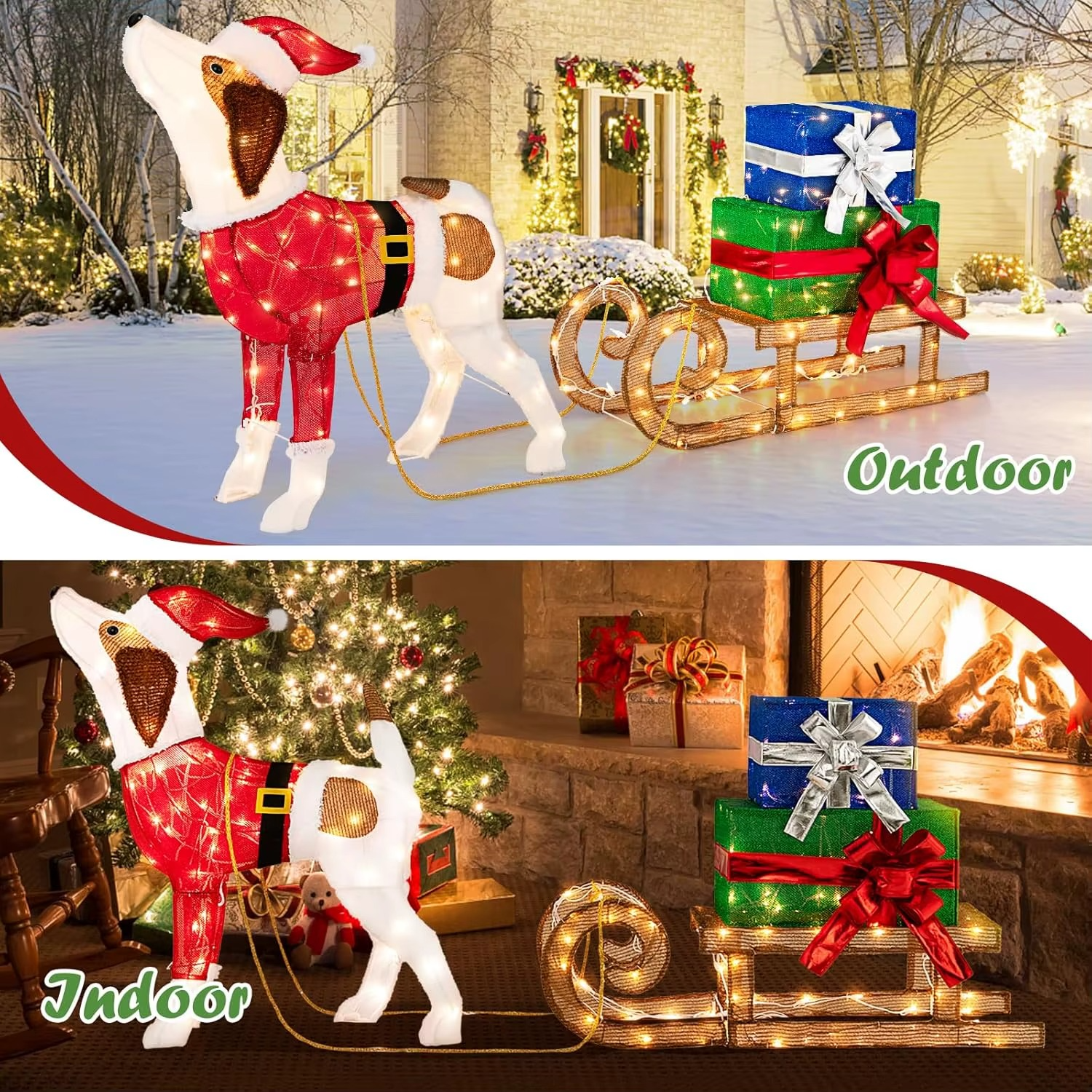 Christmas Decorations, 170 Warm Bright Lights Outdoor Pre-lit Xmas Dog & Sleigh & Gift Boxes Combo, Festive Christmas Decoration