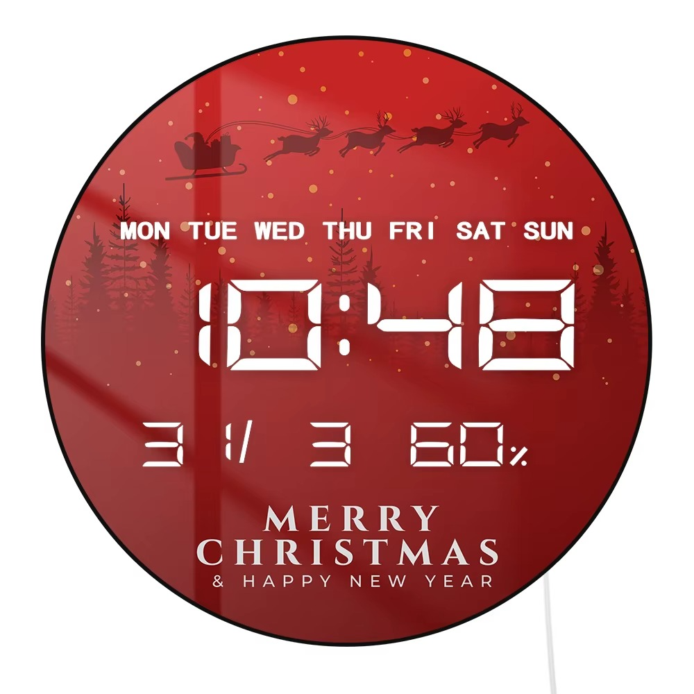 Santa Claus Flies on Christmas Eve Digital Wall Clock with LED Display, Calendar Temperature Automatic Dimming 12/24 hour Format