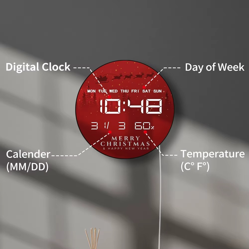 Santa Claus Flies on Christmas Eve Digital Wall Clock with LED Display, Calendar Temperature Automatic Dimming 12/24 hour Format