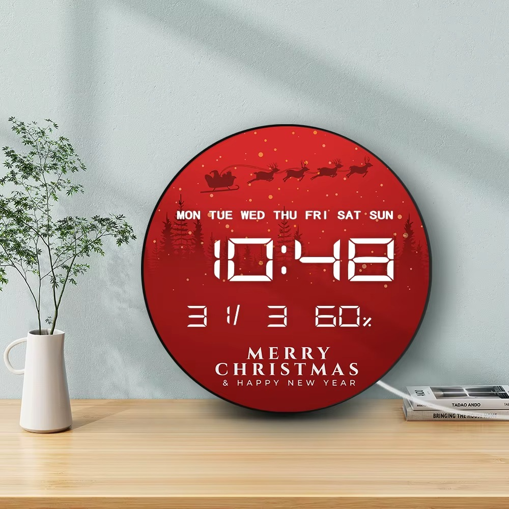 Santa Claus Flies on Christmas Eve Digital Wall Clock with LED Display, Calendar Temperature Automatic Dimming 12/24 hour Format