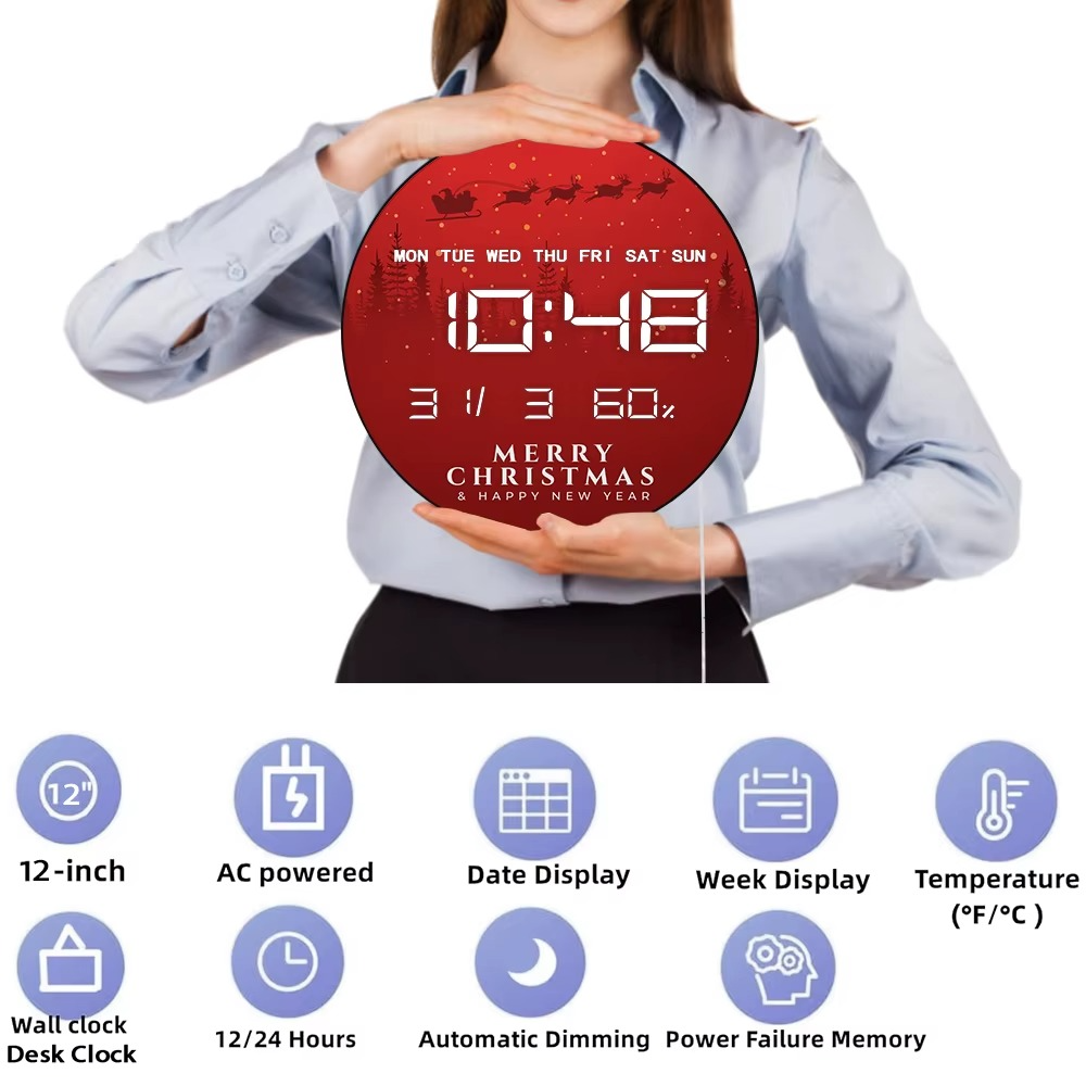 Santa Claus Flies on Christmas Eve Digital Wall Clock with LED Display, Calendar Temperature Automatic Dimming 12/24 hour Format