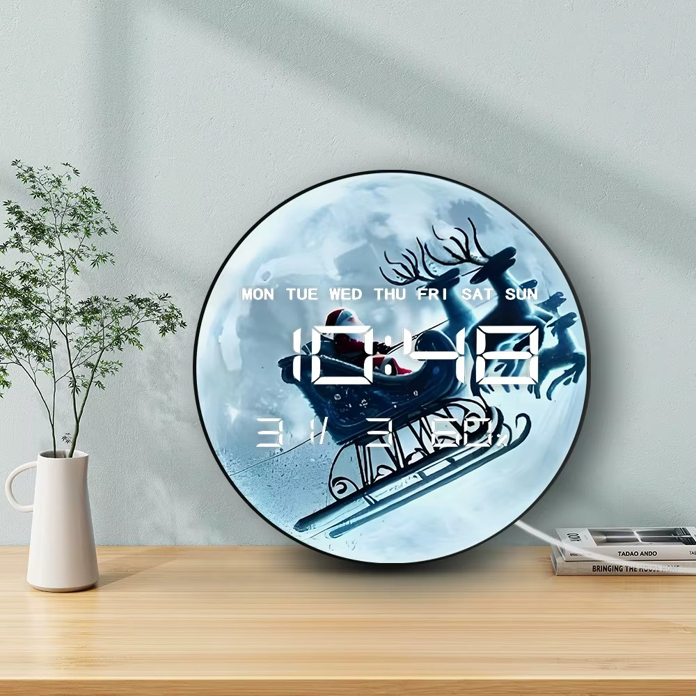 Santa Sleigh Over Full Moon LED Big Number Digital Wall Clock Christmas Digital Wall Clock with LED Display Calendar Temperature
