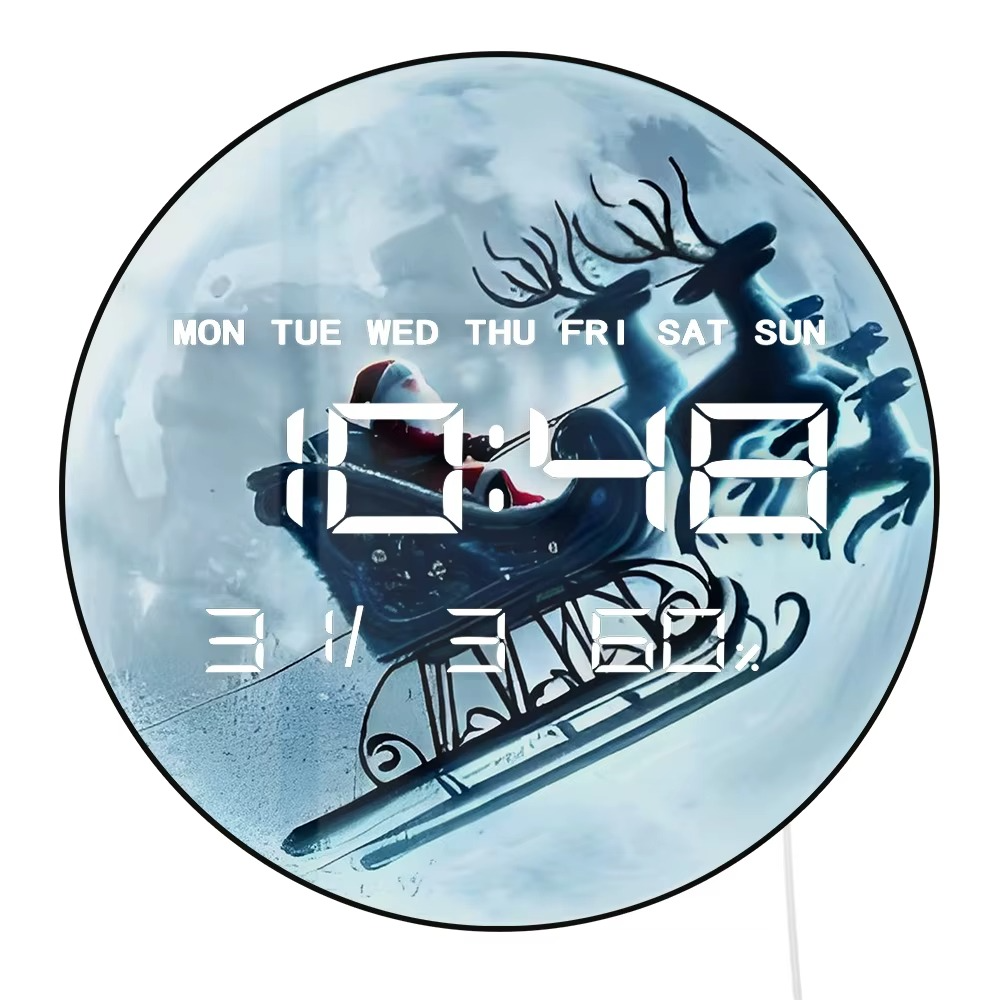 Santa Sleigh Over Full Moon LED Big Number Digital Wall Clock Christmas Digital Wall Clock with LED Display Calendar Temperature
