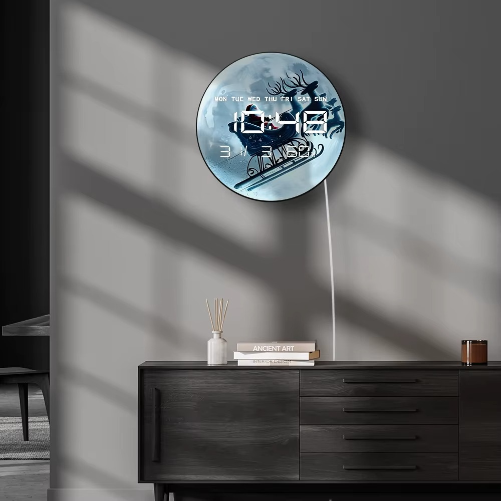 Santa Sleigh Over Full Moon LED Big Number Digital Wall Clock Christmas Digital Wall Clock with LED Display Calendar Temperature