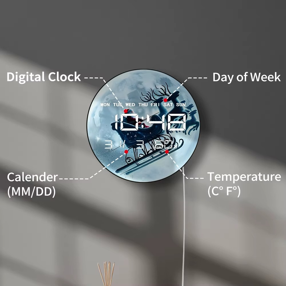 Santa Sleigh Over Full Moon LED Big Number Digital Wall Clock Christmas Digital Wall Clock with LED Display Calendar Temperature