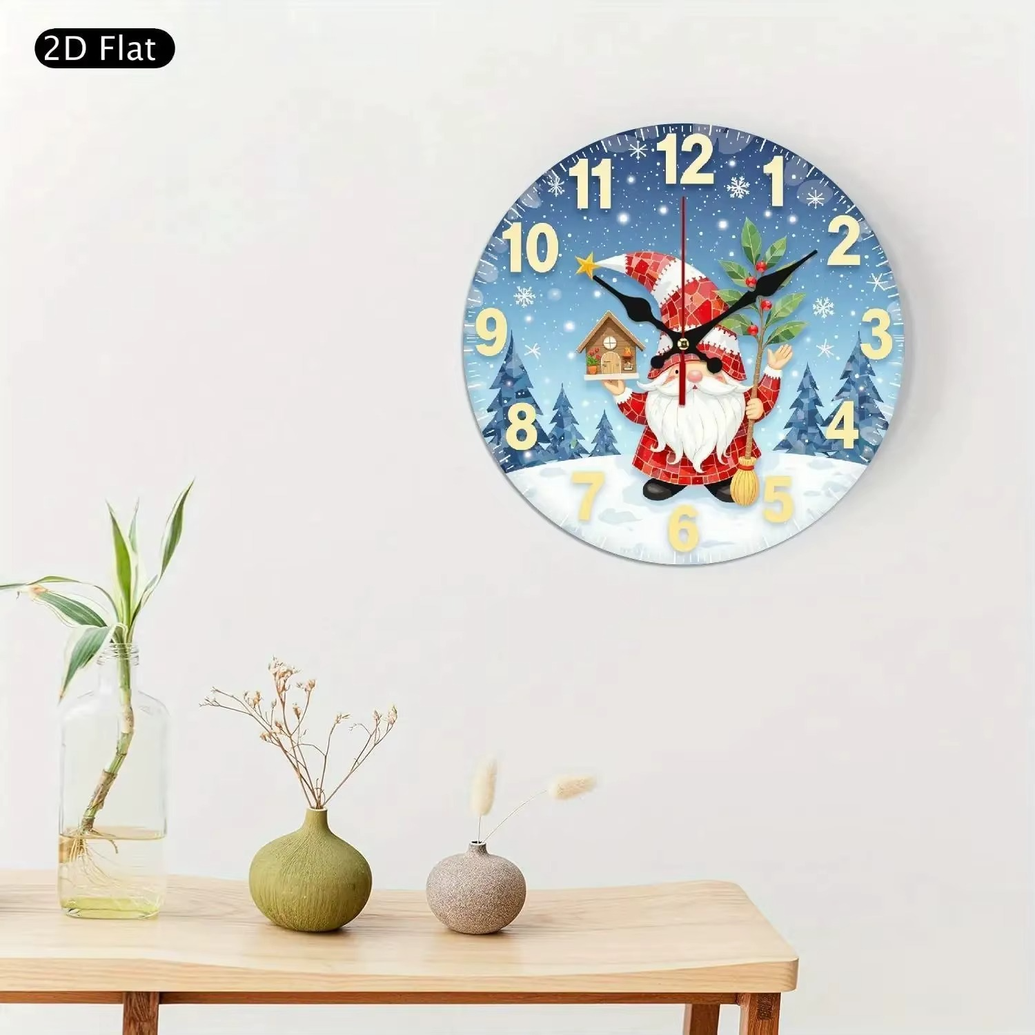10 Inch Silent Non-Ticking Wall Clock - 2D Flat Round Wood Design with Santa Claus & Snowy Christmas Scene