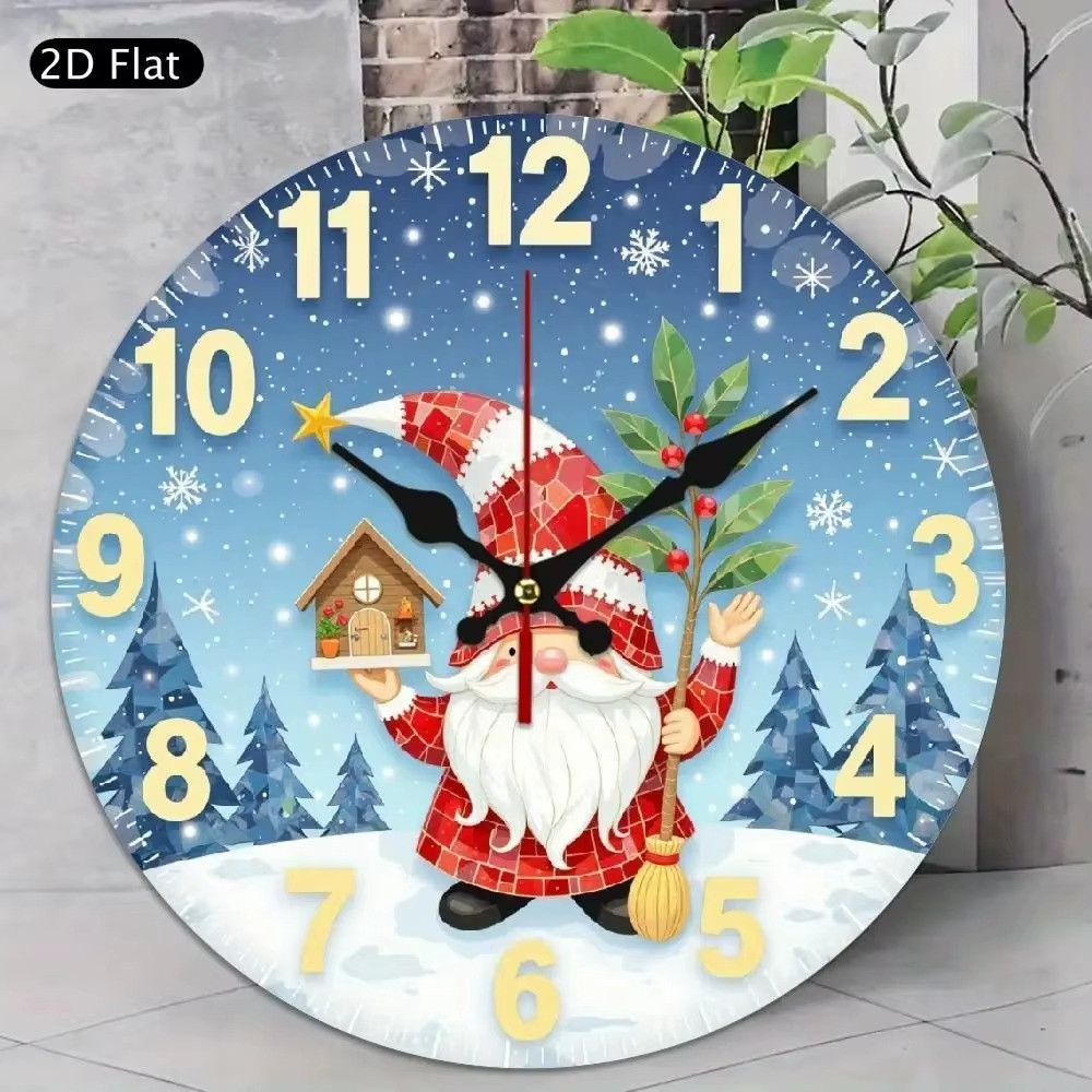10 Inch Silent Non-Ticking Wall Clock - 2D Flat Round Wood Design with Santa Claus & Snowy Christmas Scene