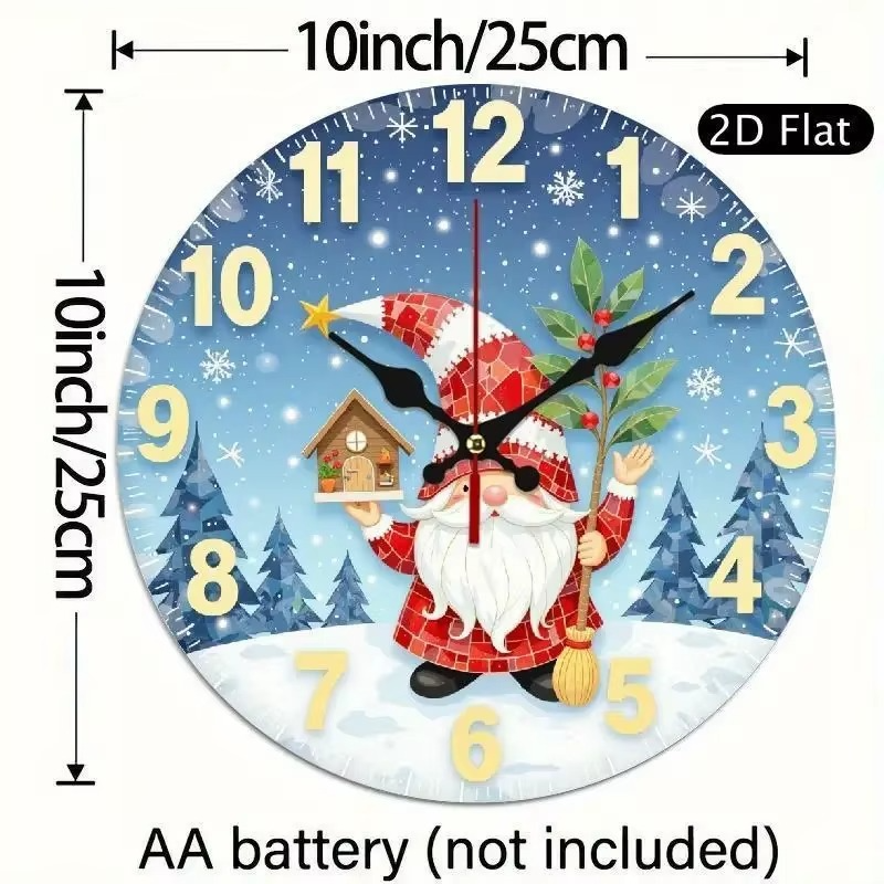 10 Inch Silent Non-Ticking Wall Clock - 2D Flat Round Wood Design with Santa Claus & Snowy Christmas Scene