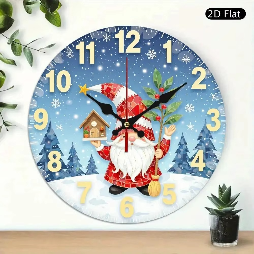10 Inch Silent Non-Ticking Wall Clock - 2D Flat Round Wood Design with Santa Claus & Snowy Christmas Scene