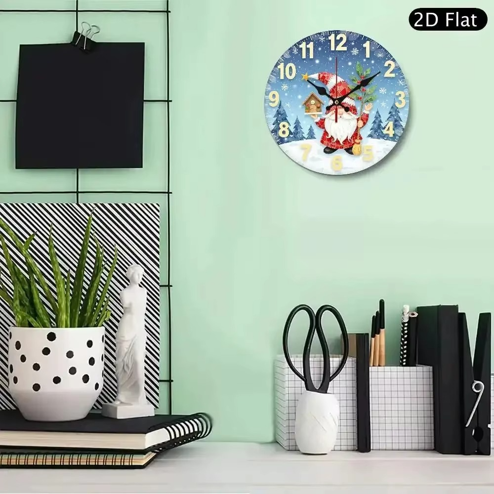 10 Inch Silent Non-Ticking Wall Clock - 2D Flat Round Wood Design with Santa Claus & Snowy Christmas Scene