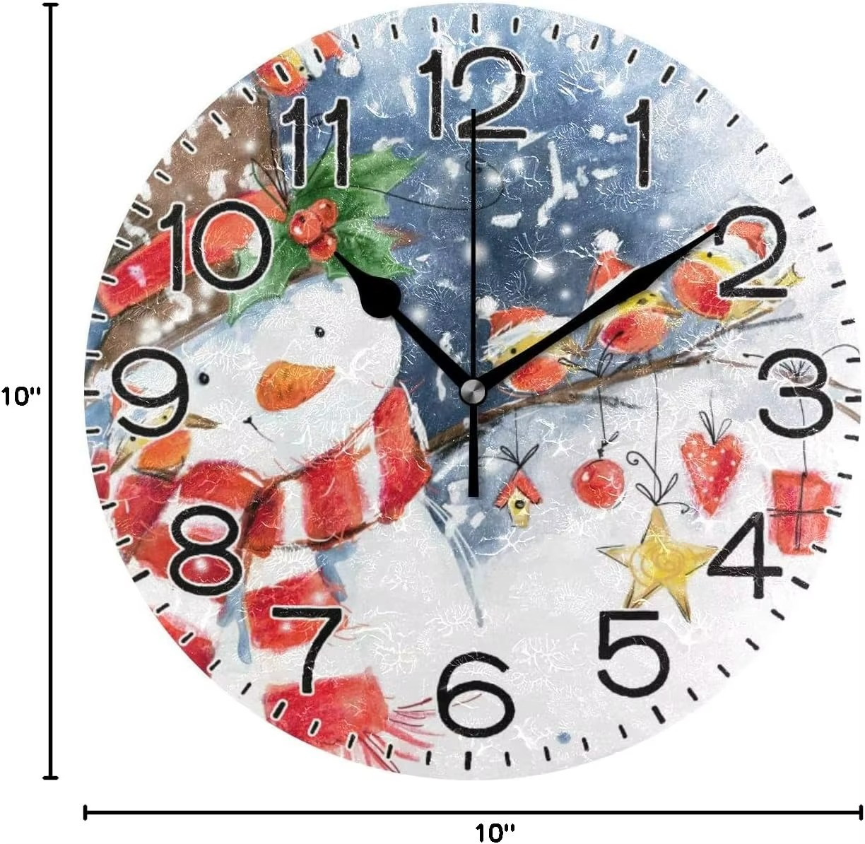 Snowman and Cardinals Bird Winter Wall Clock Battery Operated Non Ticking Silent Quartz Analog Rustic Farmhouse Round Christmas
