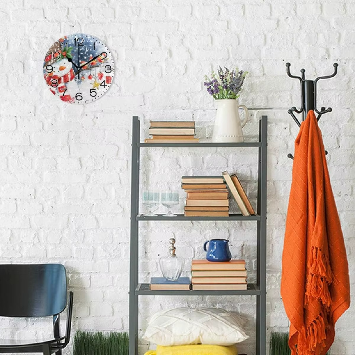 Snowman and Cardinals Bird Winter Wall Clock Battery Operated Non Ticking Silent Quartz Analog Rustic Farmhouse Round Christmas