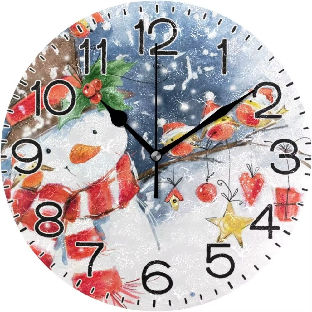 Snowman and Cardinals Bird Winter Wall Clock Battery Operated Non Ticking Silent Quartz Analog Rustic Farmhouse Round Christmas