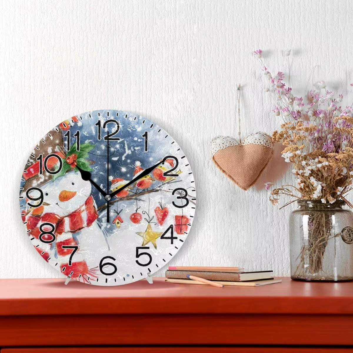 Snowman and Cardinals Bird Winter Wall Clock Battery Operated Non Ticking Silent Quartz Analog Rustic Farmhouse Round Christmas
