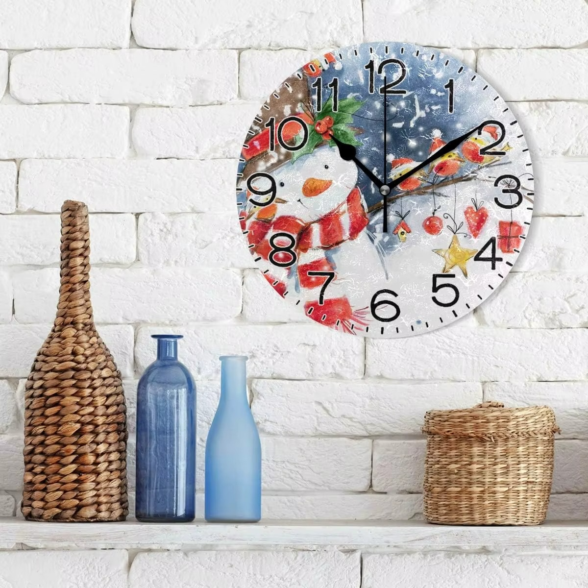 Snowman and Cardinals Bird Winter Wall Clock Battery Operated Non Ticking Silent Quartz Analog Rustic Farmhouse Round Christmas