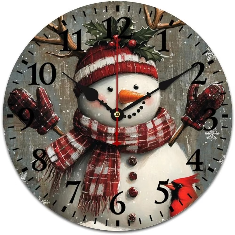 10 Inch Wall Clock Christmas Snowman Santa Pet Wooden Hanging Clock Silent Non-Ticking Battery Operated Arabic Numeral Winter