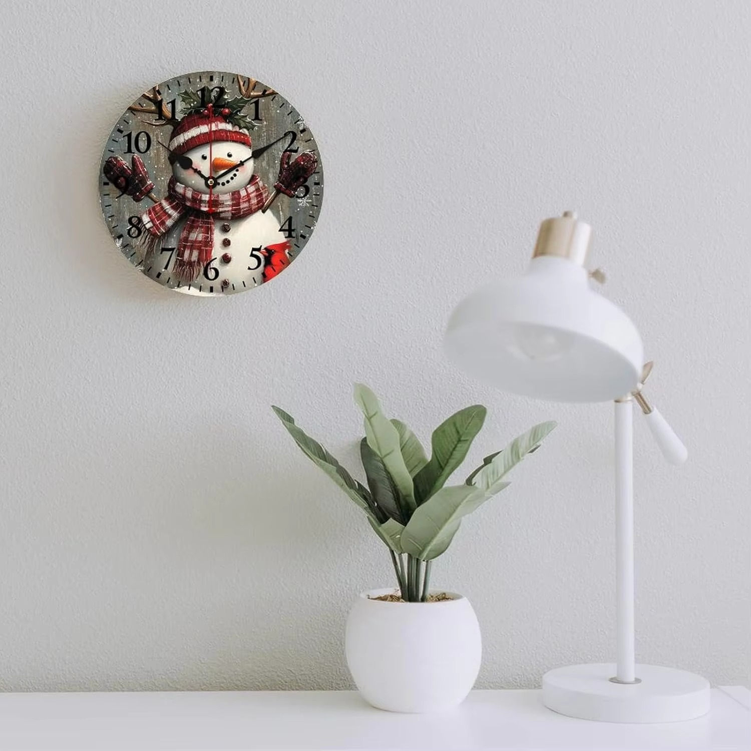 10 Inch Wall Clock Christmas Snowman Santa Pet Wooden Hanging Clock Silent Non-Ticking Battery Operated Arabic Numeral Winter