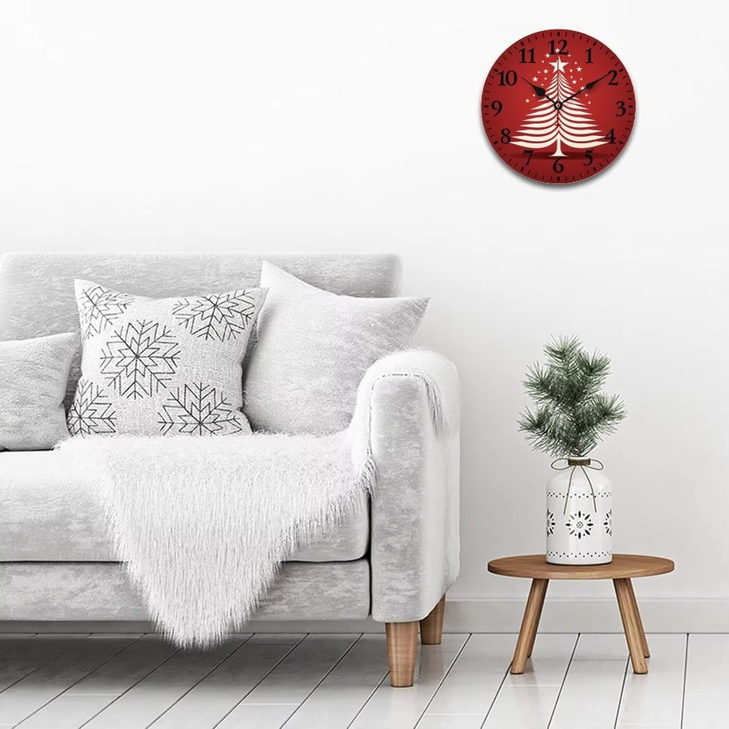10 inch Wall Clock Christmas Tree Red Star Clean Simple Home Decor Clock Battery Operated Arabic Numeral Snow Holiday