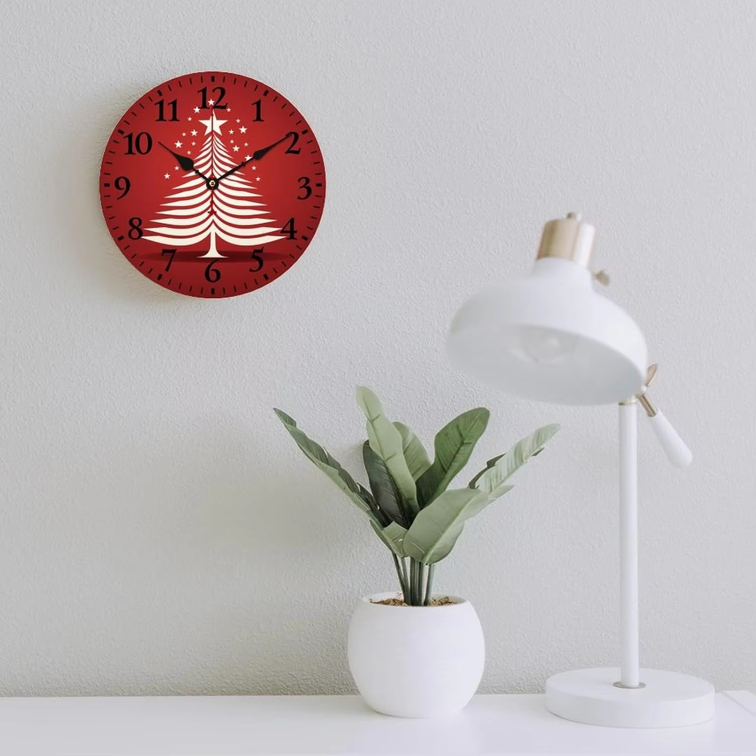 10 inch Wall Clock Christmas Tree Red Star Clean Simple Home Decor Clock Battery Operated Arabic Numeral Snow Holiday