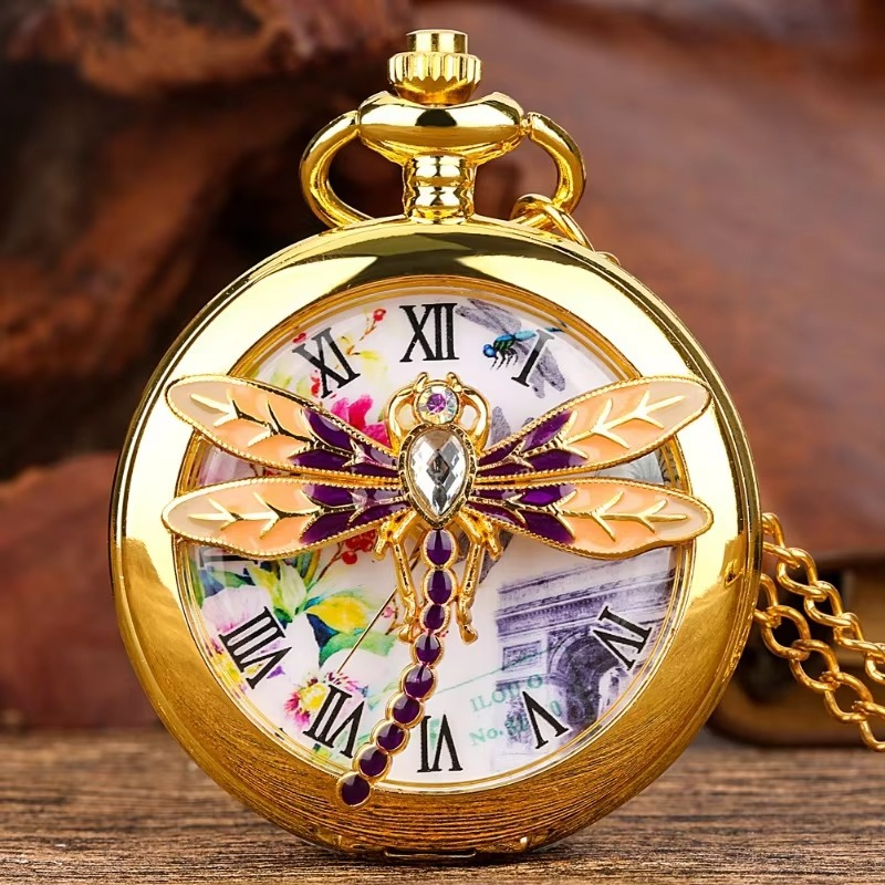 Vintage Diamond Dragonfly Pocket Watch Men's and Women's Fashion Anime Quartz Pendant Watch Children's Holiday Gifts