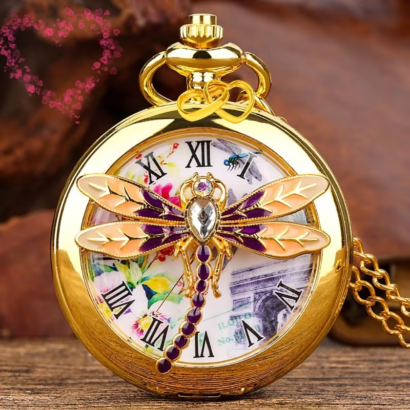 Vintage Diamond Dragonfly Pocket Watch Men's and Women's Fashion Anime Quartz Pendant Watch Children's Holiday Gifts