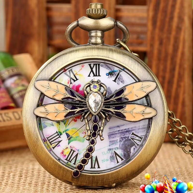 Vintage Diamond Dragonfly Pocket Watch Men's and Women's Fashion Anime Quartz Pendant Watch Children's Holiday Gifts