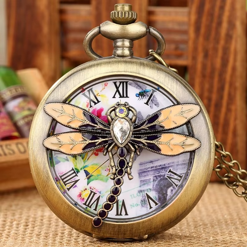 Vintage Diamond Dragonfly Pocket Watch Men's and Women's Fashion Anime Quartz Pendant Watch Children's Holiday Gifts