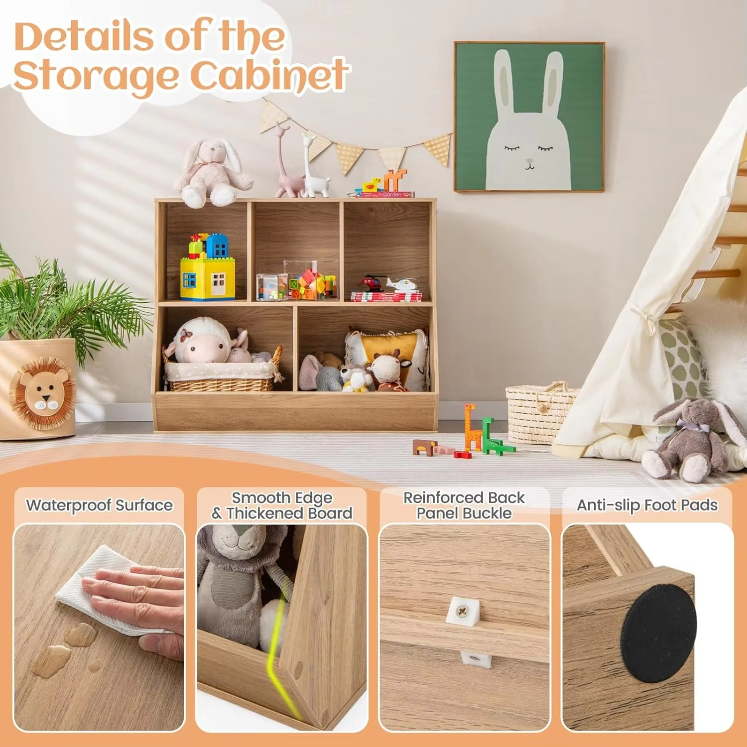 5-Cubby Kids Toy Storage Organiser, Wooden Children Bookcase Bookshelf with Footboard, Anti-Tipping Kits, Toy Storage Cabinet Di