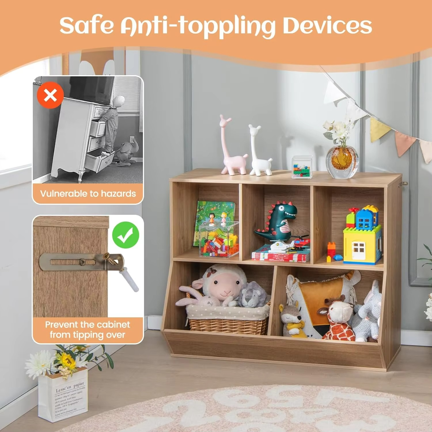 5-Cubby Kids Toy Storage Organiser, Wooden Children Bookcase Bookshelf with Footboard, Anti-Tipping Kits, Toy Storage Cabinet Di