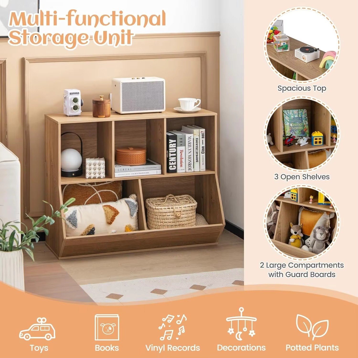 5-Cubby Kids Toy Storage Organiser, Wooden Children Bookcase Bookshelf with Footboard, Anti-Tipping Kits, Toy Storage Cabinet Di