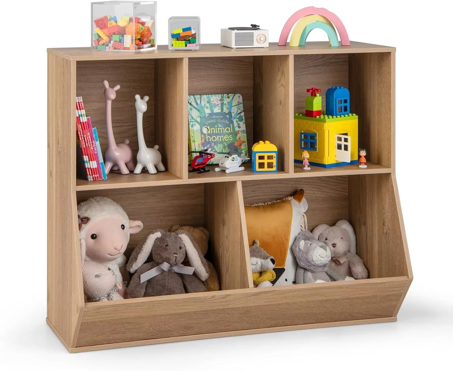 5-Cubby Kids Toy Storage Organiser, Wooden Children Bookcase Bookshelf with Footboard, Anti-Tipping Kits, Toy Storage Cabinet Di