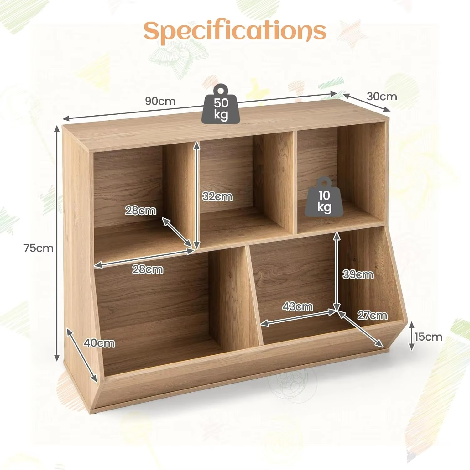 5-Cubby Kids Toy Storage Organiser, Wooden Children Bookcase Bookshelf with Footboard, Anti-Tipping Kits, Toy Storage Cabinet Di