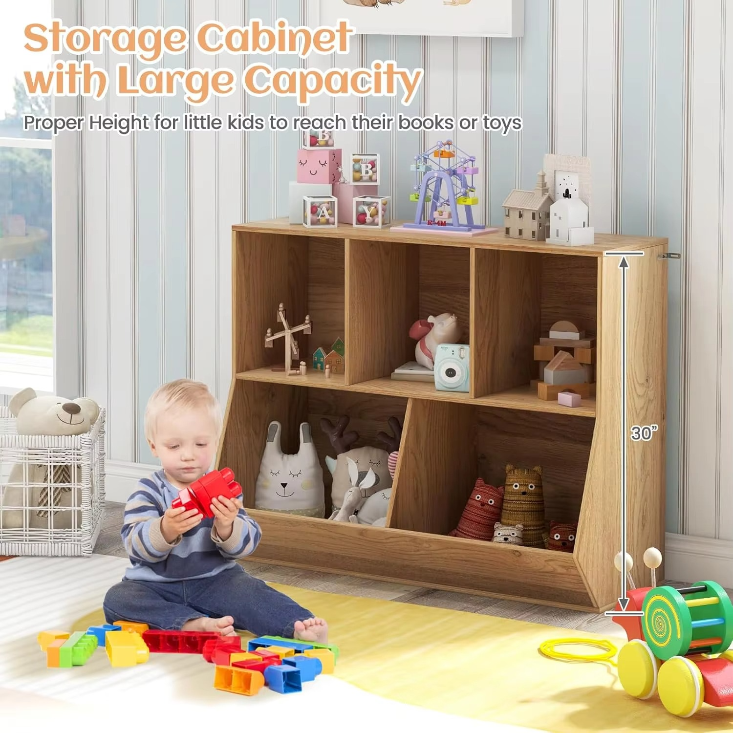 5-Cubby Kids Toy Storage Organiser, Wooden Children Bookcase Bookshelf with Footboard, Anti-Tipping Kits, Toy Storage Cabinet Di