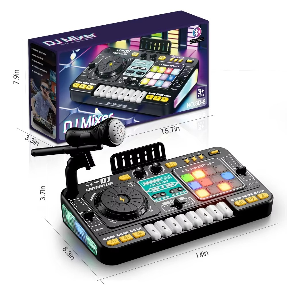 Kid DJ Mixer with Microphone Electronic Piano Keyboard Bluetooth DJ Turntable Controller Musical Instrument Kid Christmas Gift