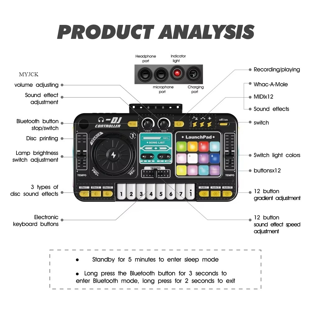 Kid DJ Mixer with Microphone Electronic Piano Keyboard Bluetooth DJ Turntable Controller Musical Instrument Kid Christmas Gift