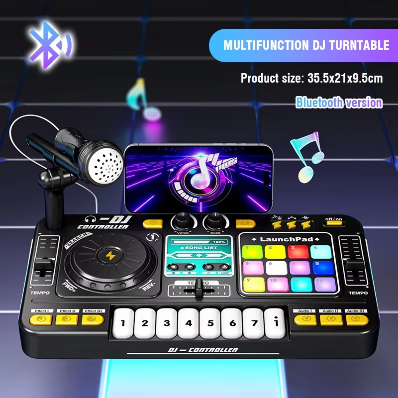 Kid DJ Mixer with Microphone Electronic Piano Keyboard Bluetooth DJ Turntable Controller Musical Instrument Kid Christmas Gift