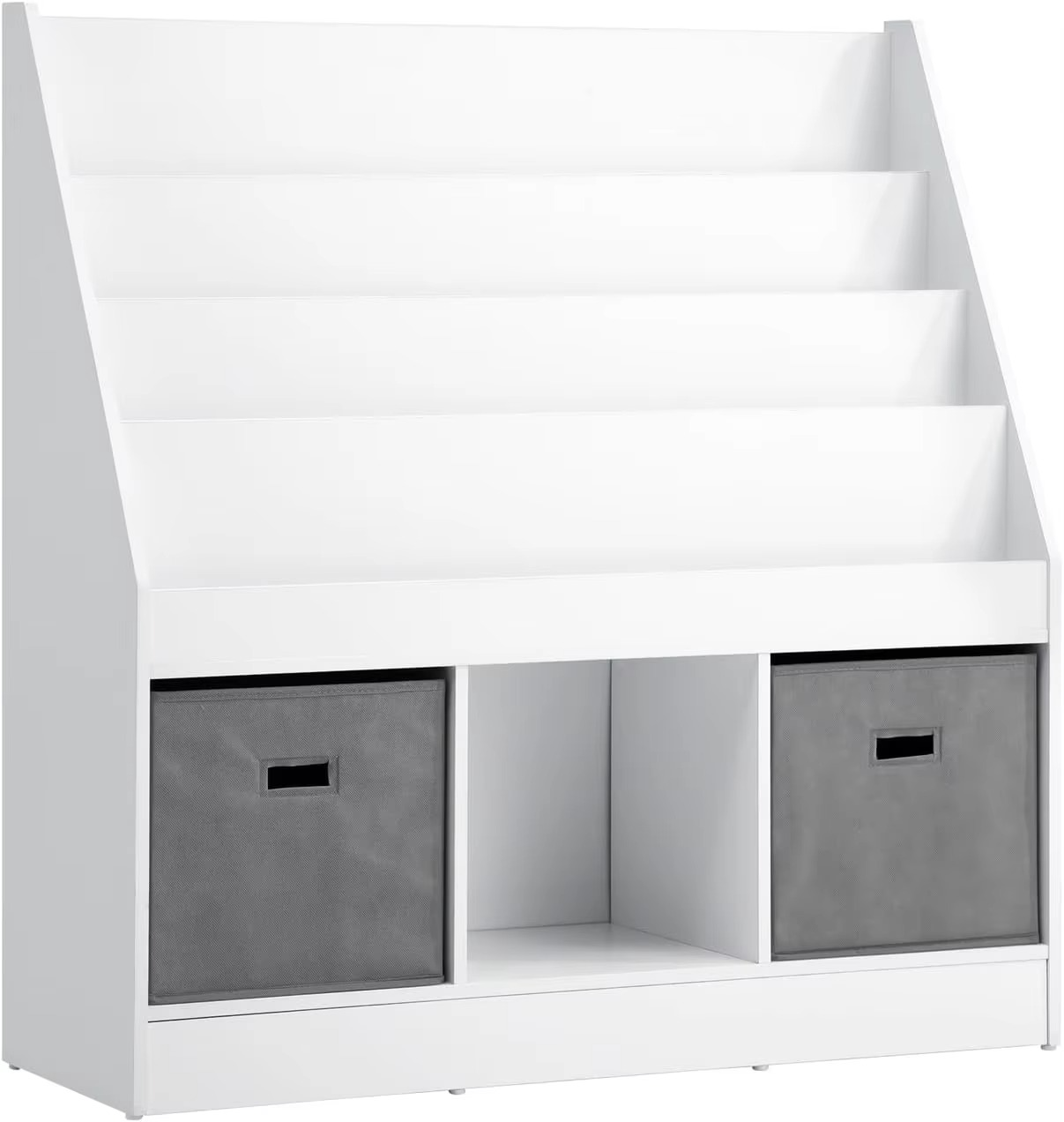 4-Tier Kids Bookshelf, Wooden Baby Storage Book Rack with 3 Container Cubes, Kids Bookshelf Toy Box Organiser Display Shelf for