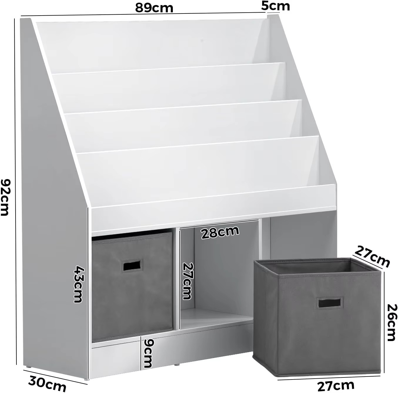 4-Tier Kids Bookshelf, Wooden Baby Storage Book Rack with 3 Container Cubes, Kids Bookshelf Toy Box Organiser Display Shelf for
