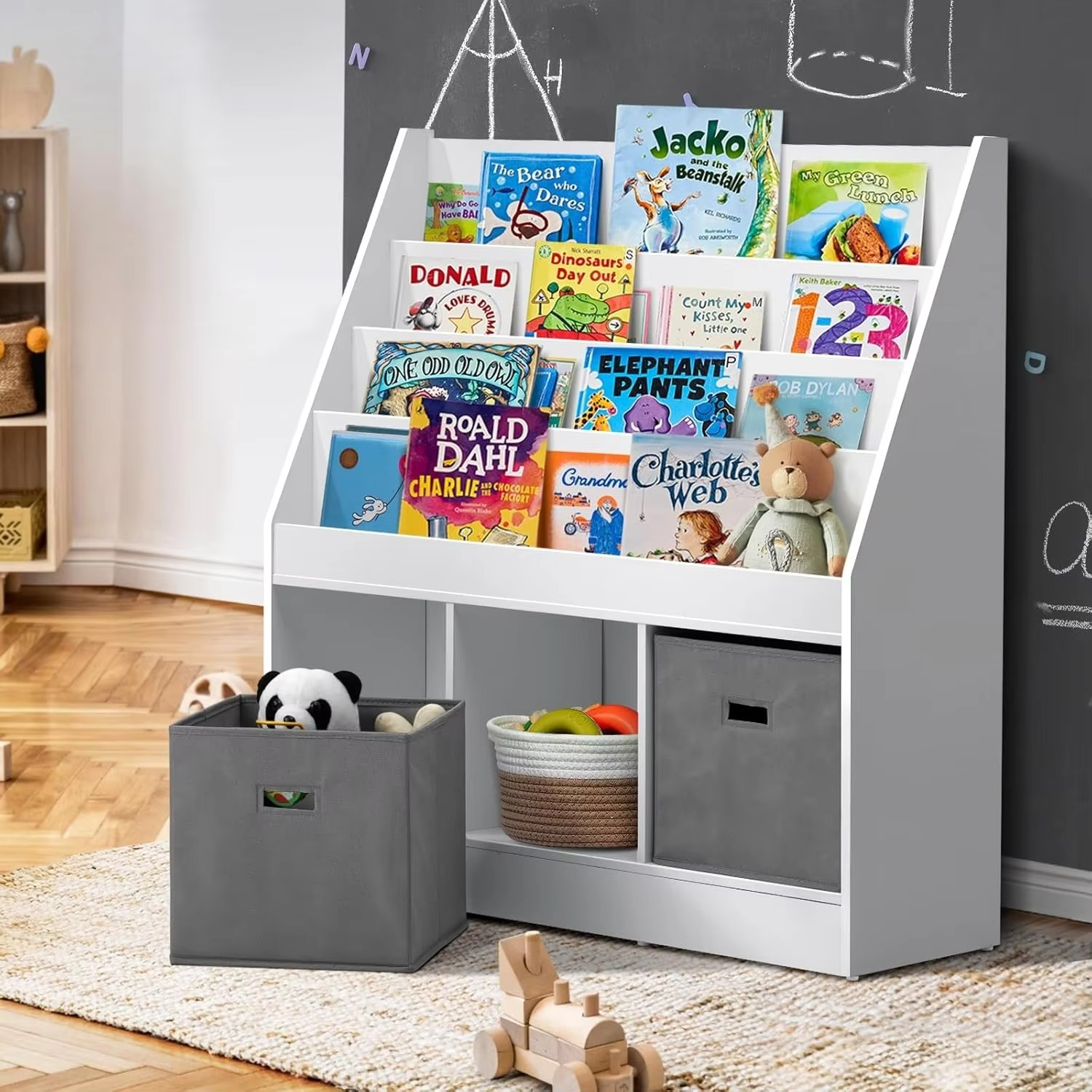 4-Tier Kids Bookshelf, Wooden Baby Storage Book Rack with 3 Container Cubes, Kids Bookshelf Toy Box Organiser Display Shelf for