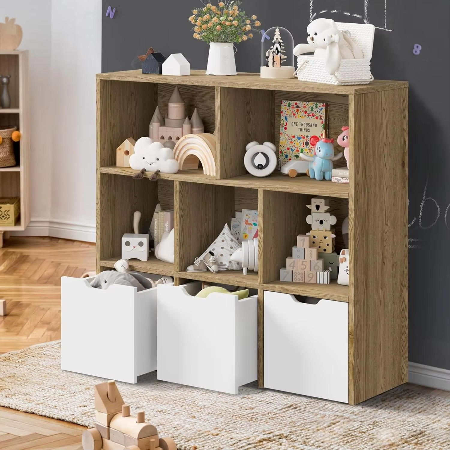 Kids Bookshelf Toy Organiser Cabinet with Removable Box Storage Natural