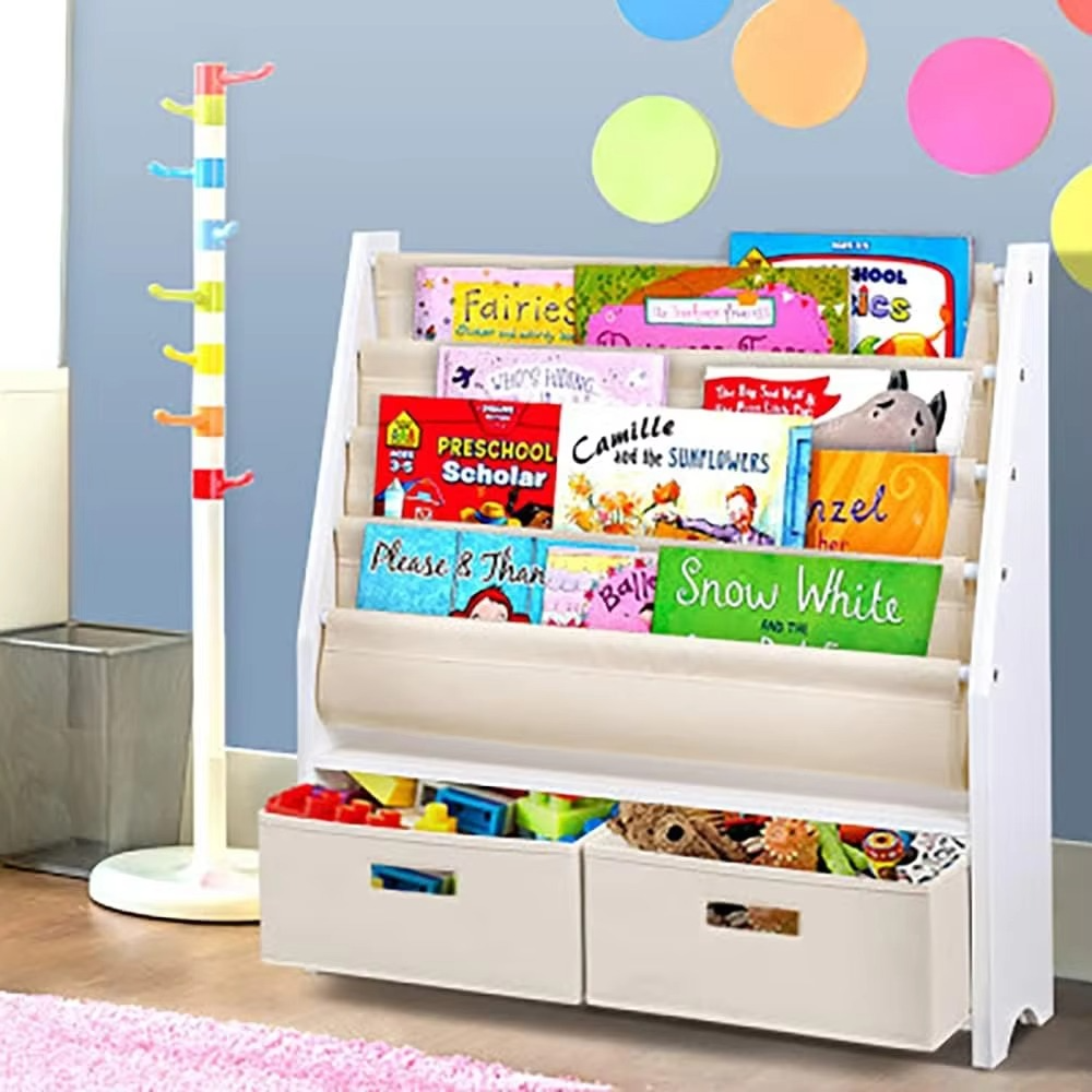 Kids Bookshelf, 4 Tiers Storage Book Shelf Bookshelves Corner Wall Toy Bookcase Rotating Display Shelves Home Living Room Bedroo
